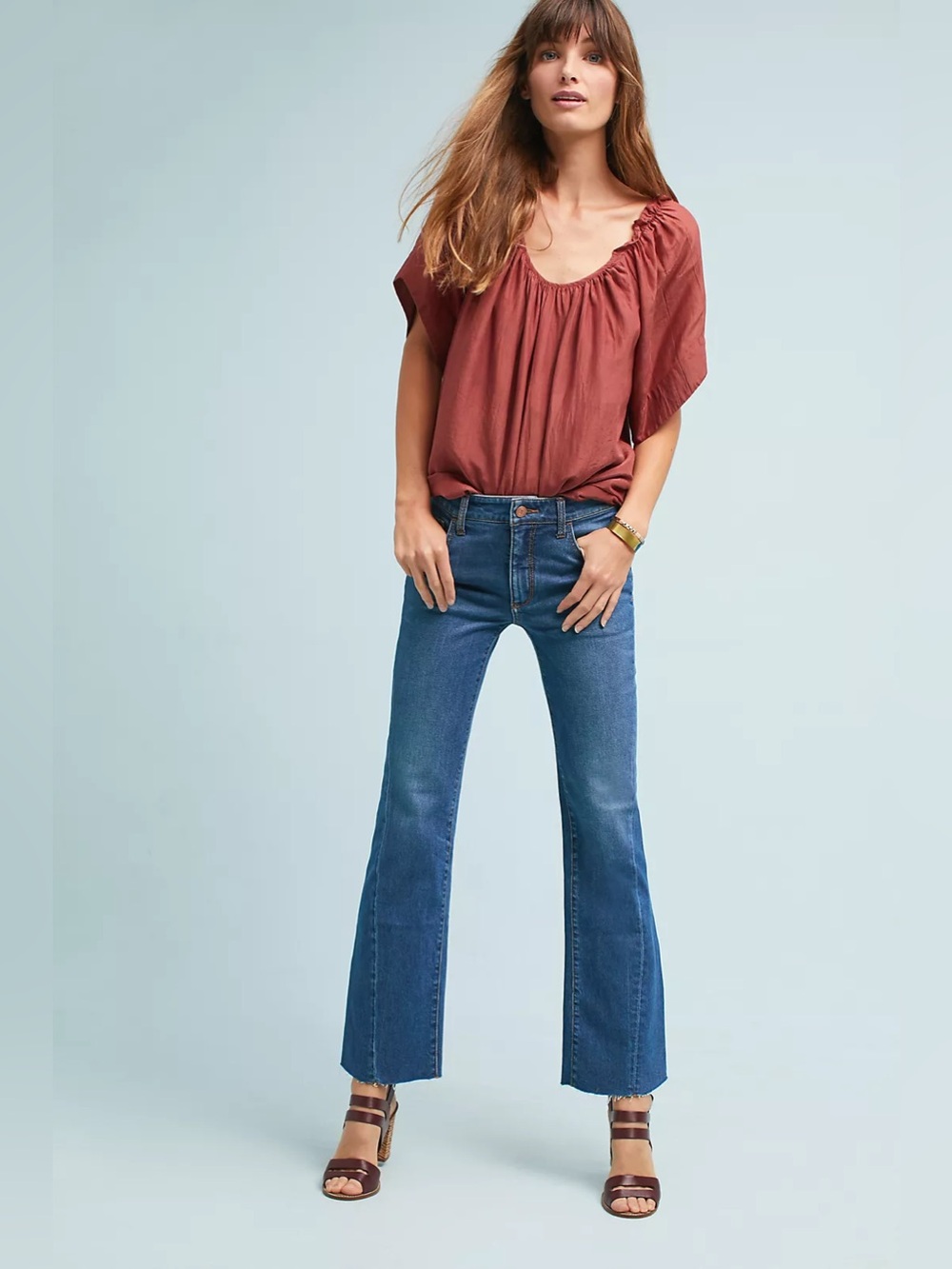 Anthropologie Pilcro High-Rise Flare Medium Blue Raw Hem Size 26